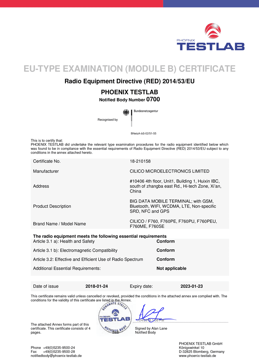 Radio Equipment Directive (RED) Certificate No. 18-210158