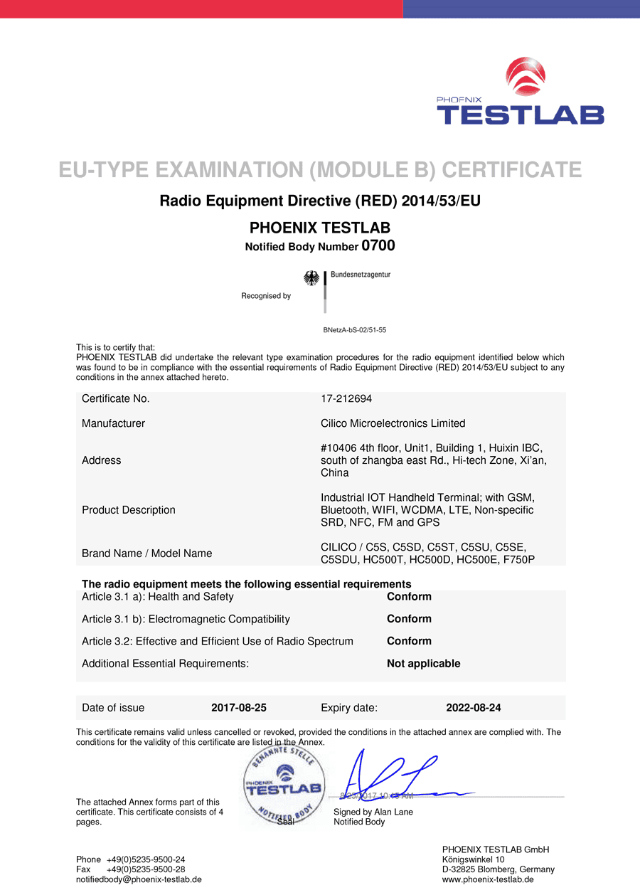 Radio Equipment Directive (RED) Certificate No. 17-212694