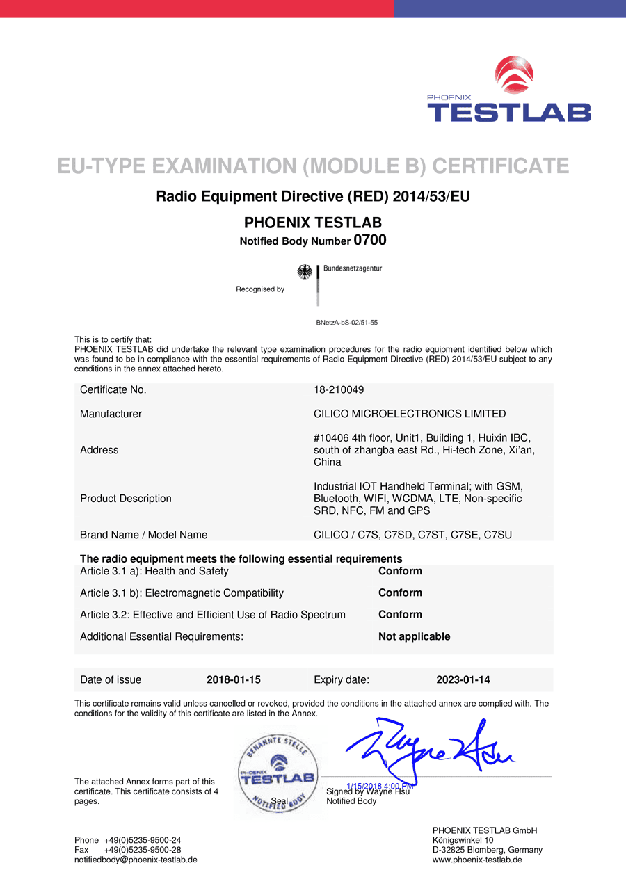 Radio Equipment Directive (RED) Certificate No. 18-210049